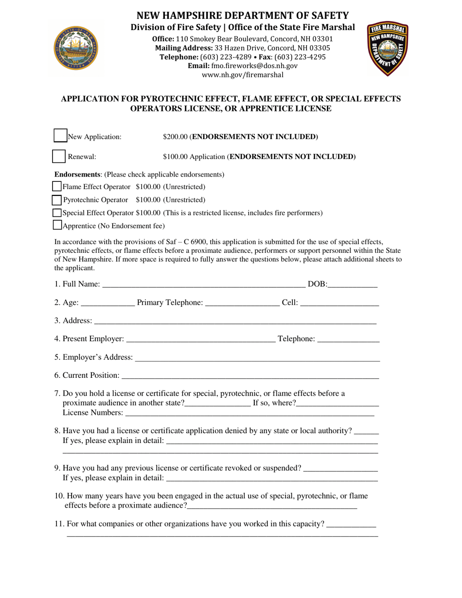 Form DSFM92 Application for Pyrotechnic Effect, Flame Effect, or Special Effects Operators License, or Apprentice License - New Hampshire, Page 1