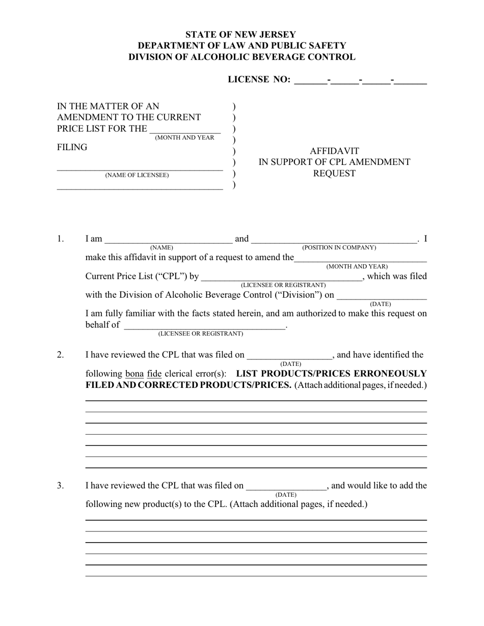 New Jersey Affidavit in Support of Cpl Amendment Request Fill Out New Jersey Affidavit in Support of Cpl Amendment Request Fill Out