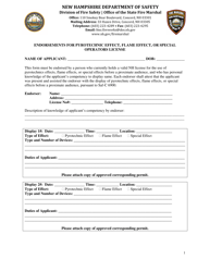 Form DSFM93 Endorsements for Pyrotechnic Effect, Flame Effect, or Special Operators License - New Hampshire