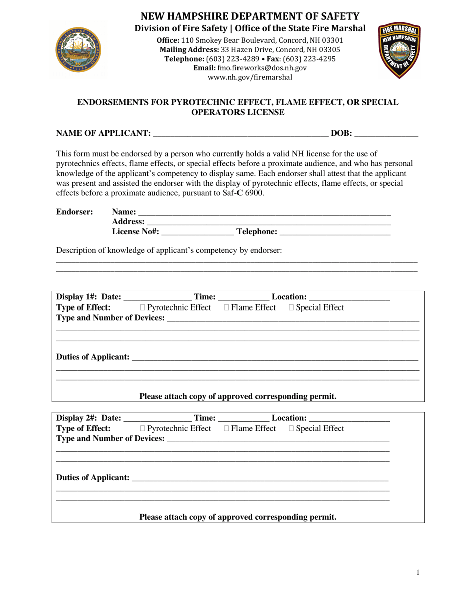 Form DSFM93 Endorsements for Pyrotechnic Effect, Flame Effect, or Special Operators License - New Hampshire, Page 1