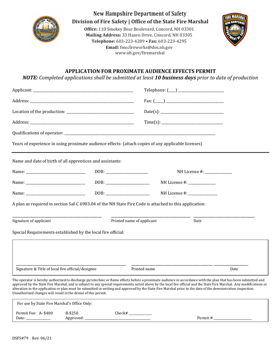 Form DSFS#79 Application for Proximate Audience Effects Permit - New Hampshire, Page 1