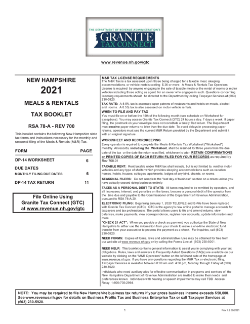 Form RSA-78A Meals & Rentals Tax Booklet - New Hampshire, 2021
