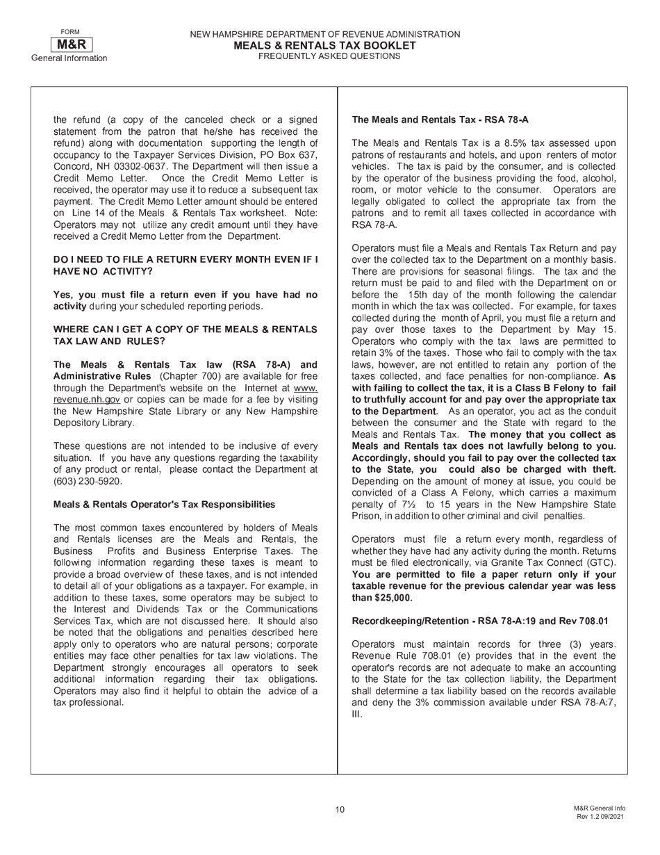 Form RSA-78A Meals  Rentals Tax Booklet - New Hampshire, Page 10