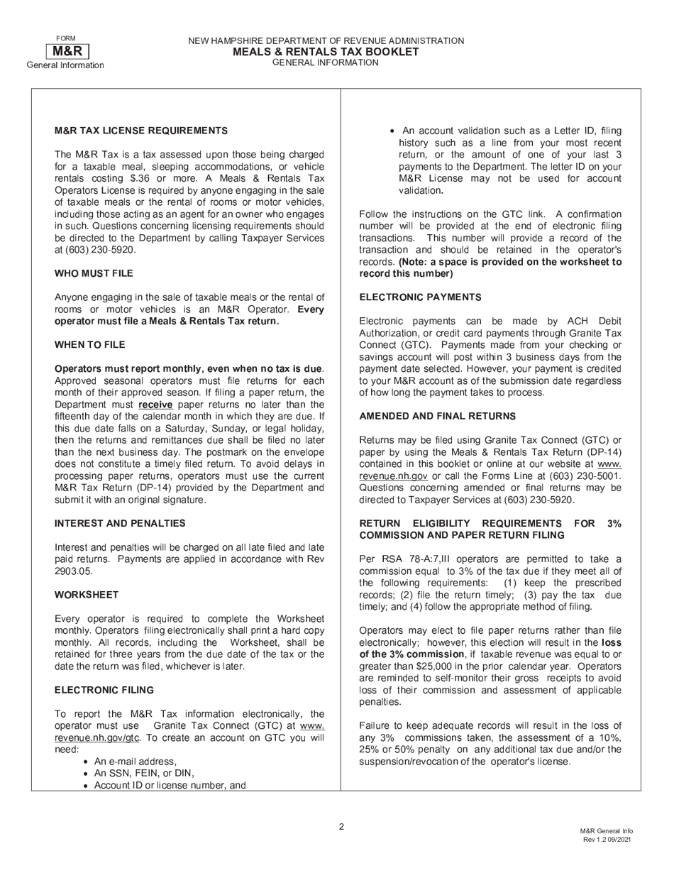 Form RSA-78A Meals  Rentals Tax Booklet - New Hampshire, Page 2
