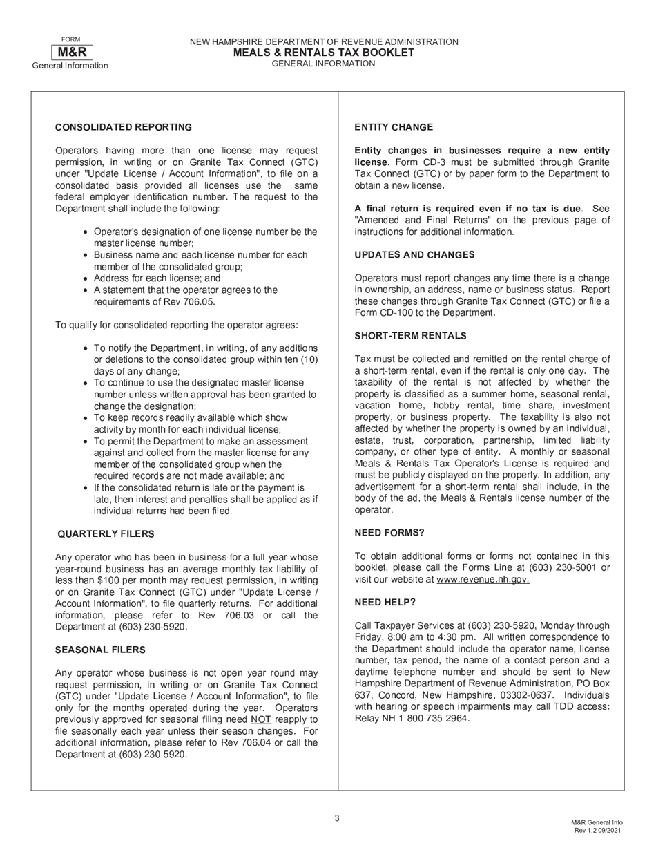 Form RSA-78A Meals  Rentals Tax Booklet - New Hampshire, Page 3