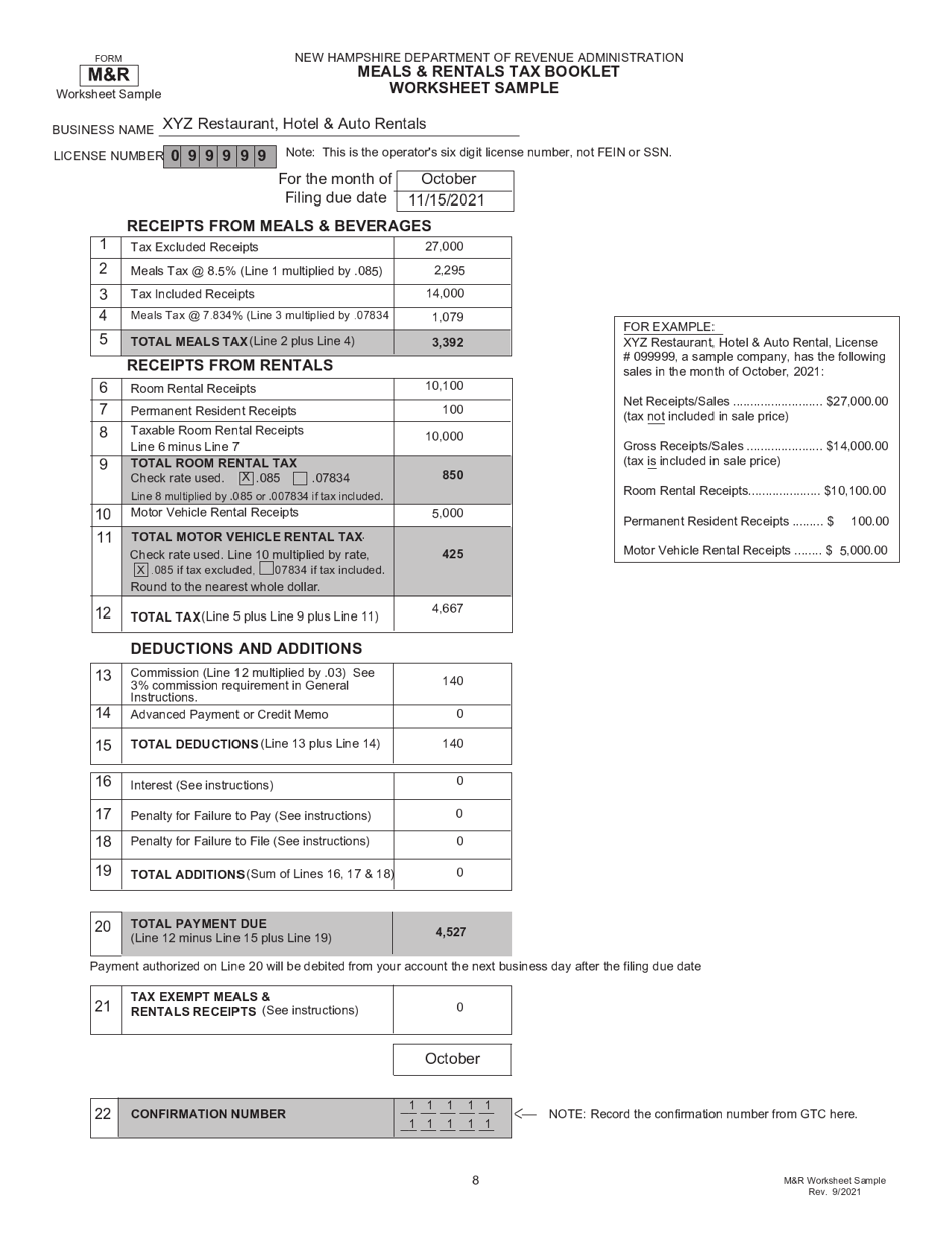 Form RSA-78A Meals  Rentals Tax Booklet - New Hampshire, Page 8