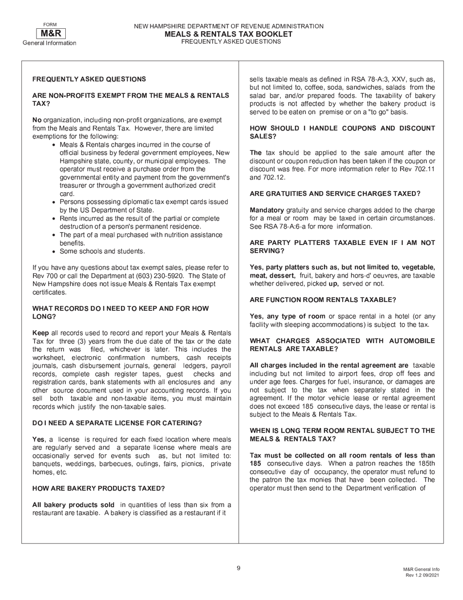 Form RSA-78A Meals  Rentals Tax Booklet - New Hampshire, Page 9