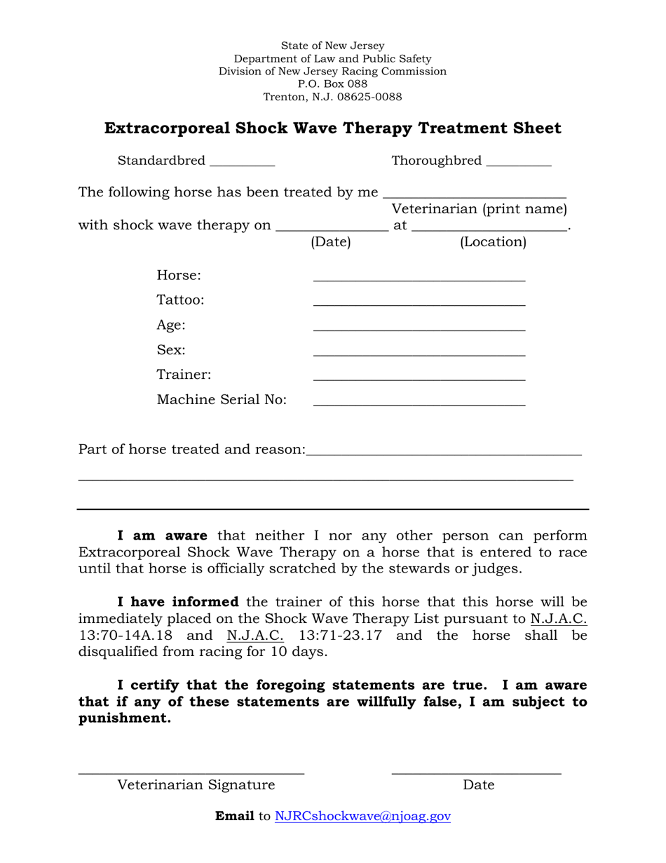 Extracorporeal Shock Wave Therapy Treatment Sheet - New Jersey, Page 1