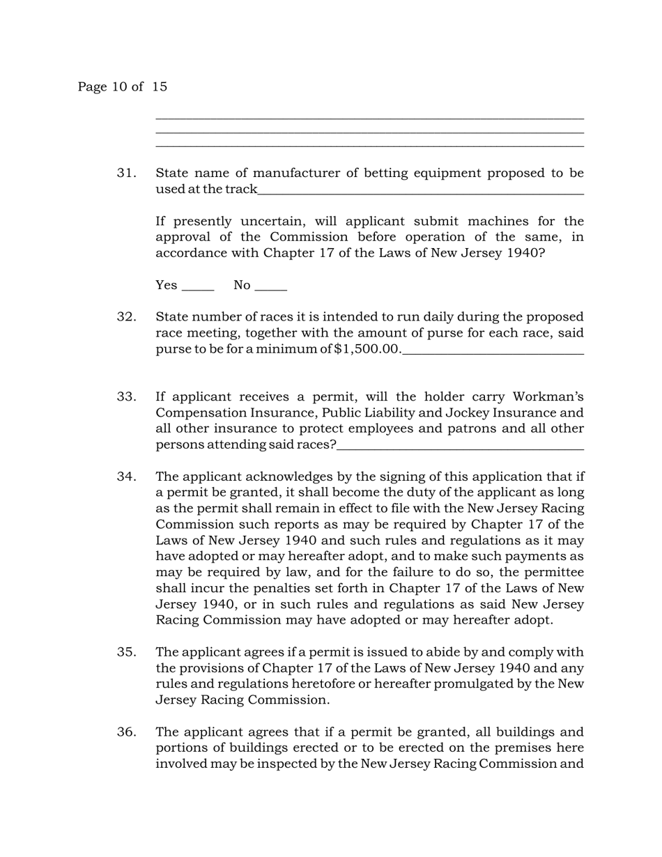 Thoroughbred Race Meeting Permit Application - New Jersey, Page 10