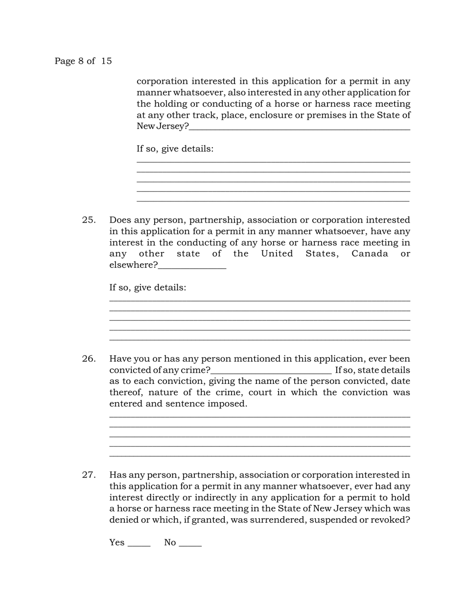Thoroughbred Race Meeting Permit Application - New Jersey, Page 8
