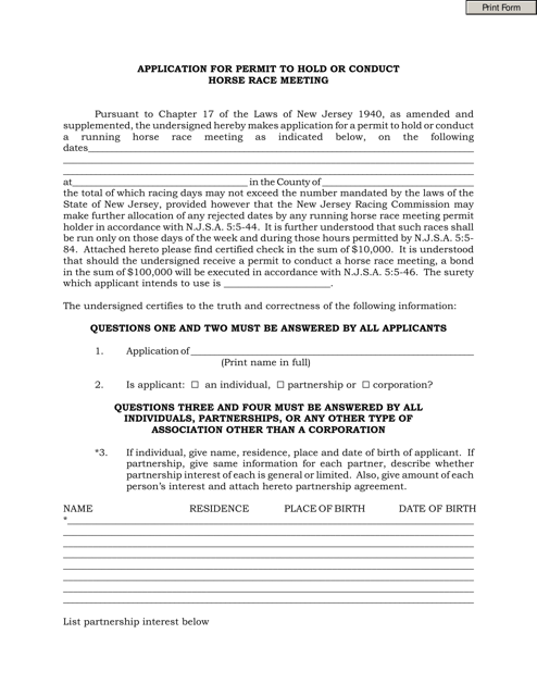 Thoroughbred Race Meeting Permit Application - New Jersey