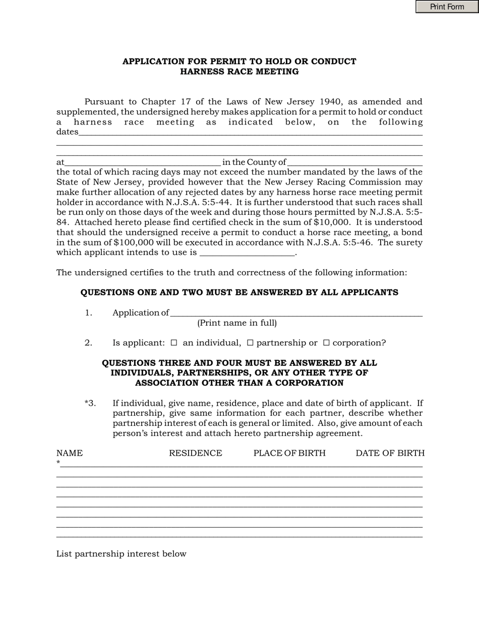 Harness Race Meeting Permit Application - New Jersey, Page 1