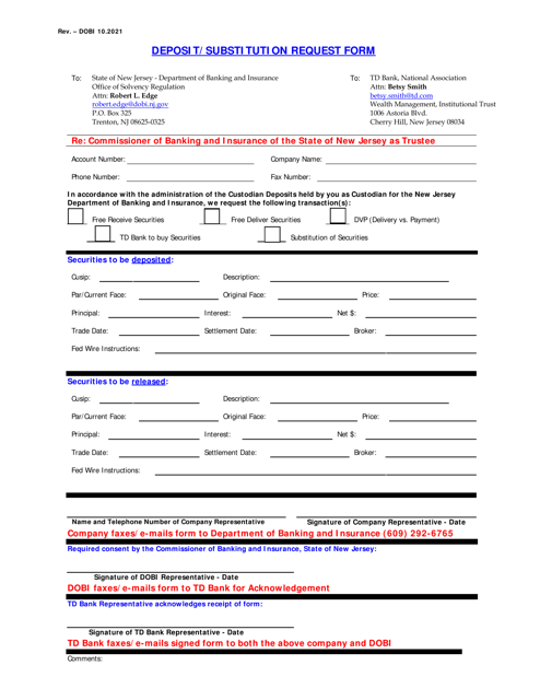 &quot;Deposit/Substitution Request Form&quot; - New Jersey Download Pdf