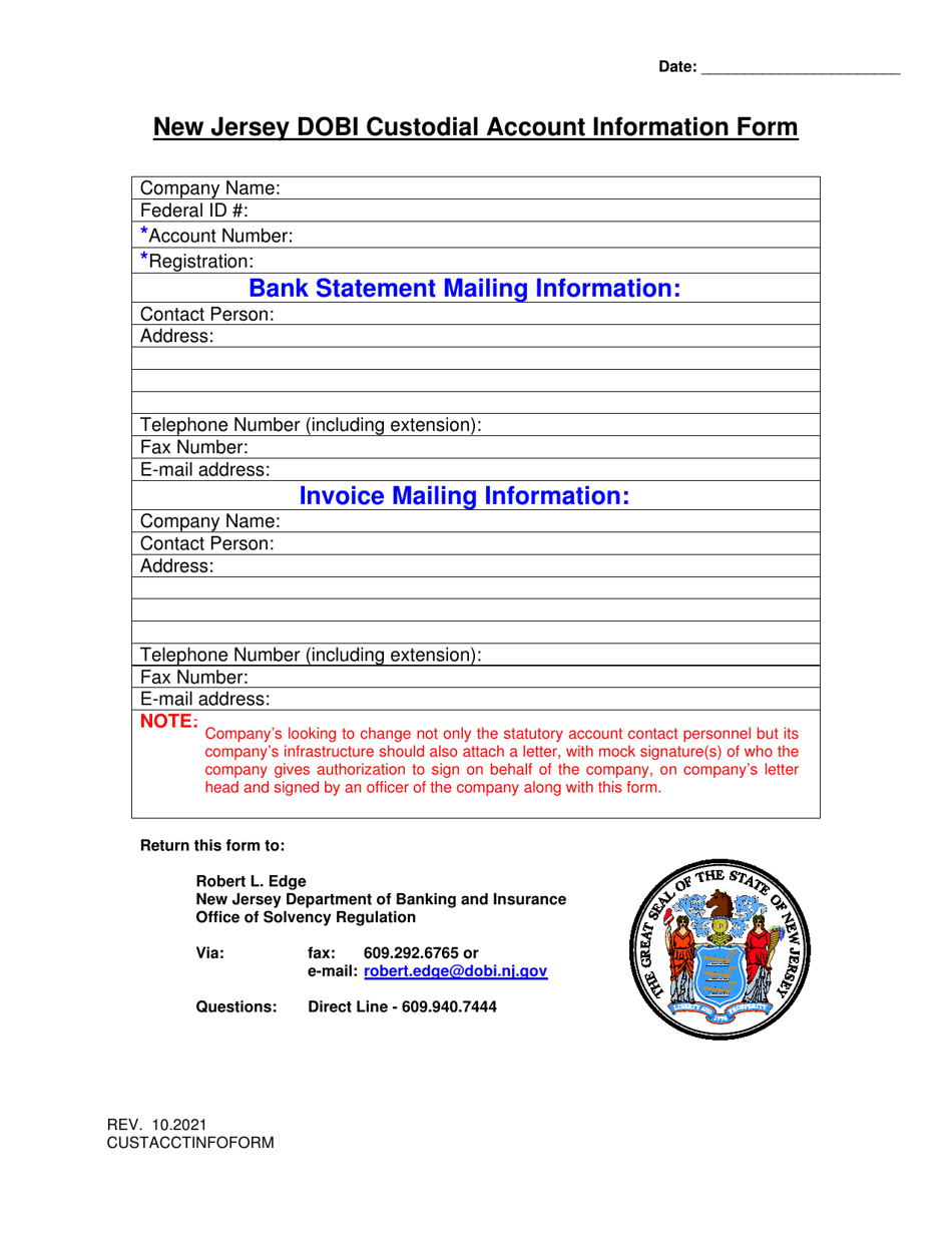 Custodial Account Information / Contact Change Form - New Jersey, Page 1