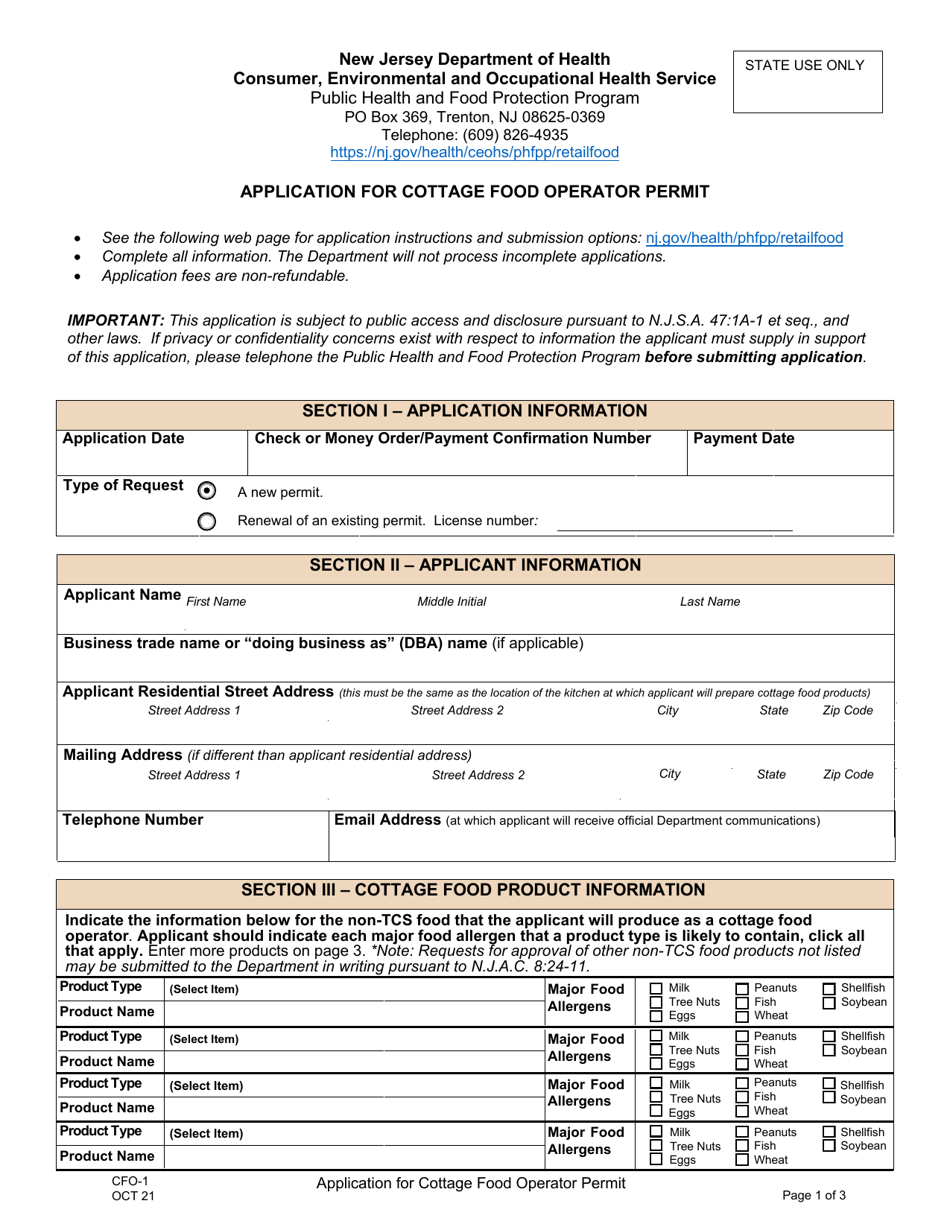 Form CFO-1 Application for Cottage Food Operator Permit - New Jersey, Page 1