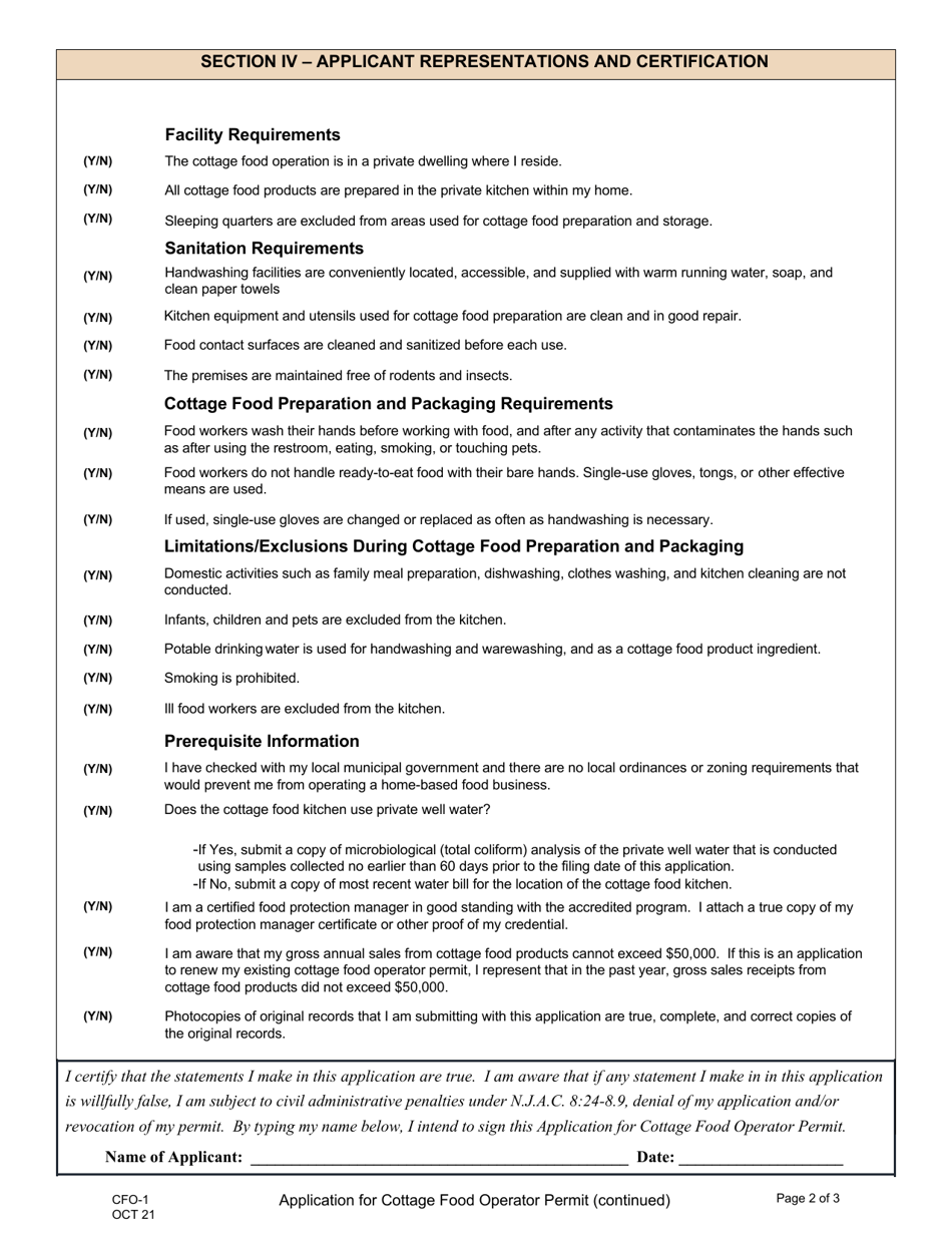Form CFO-1 Application for Cottage Food Operator Permit - New Jersey, Page 2