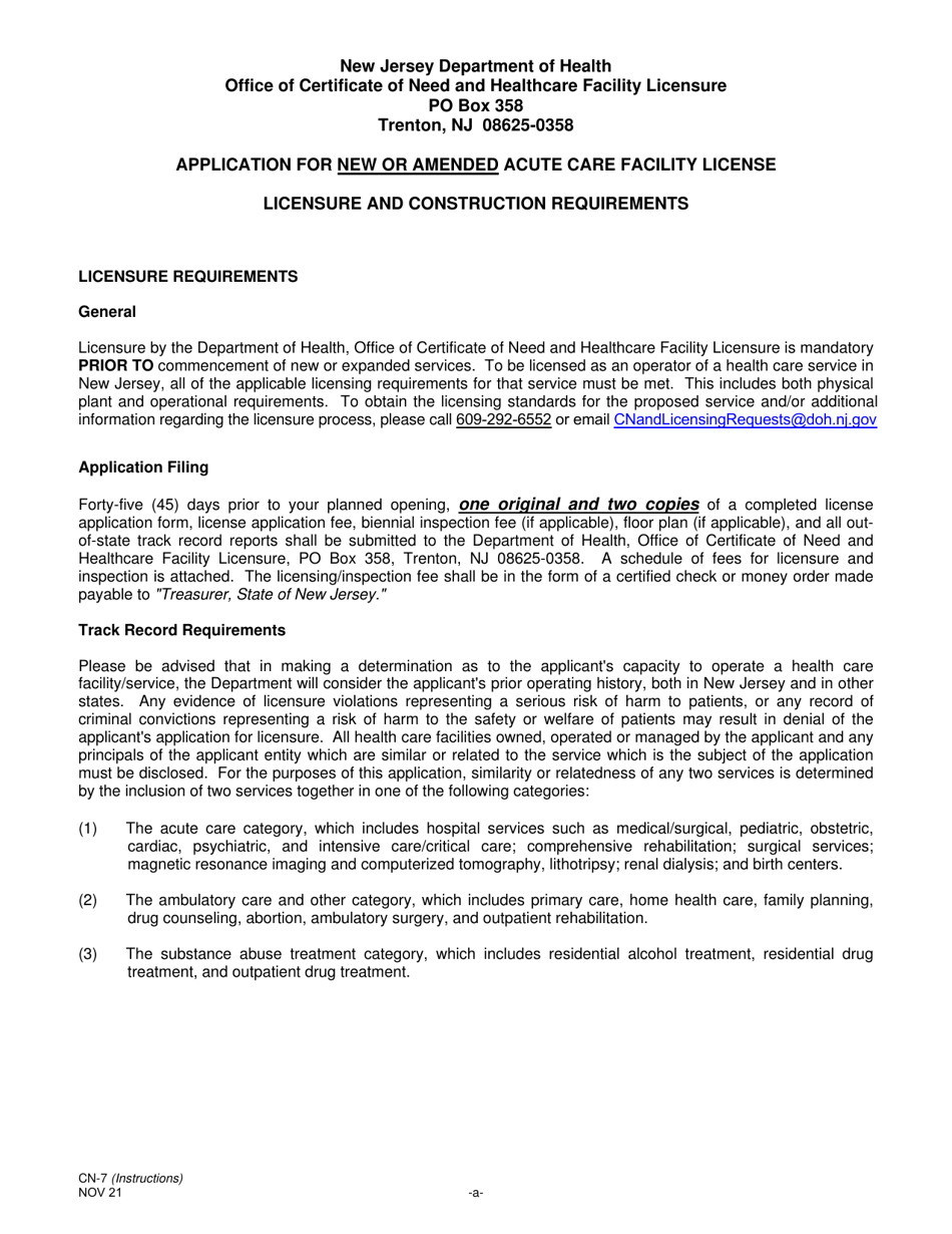 Form CN-7 Application for New or Amended Acute Care Facility License - New Jersey, Page 1