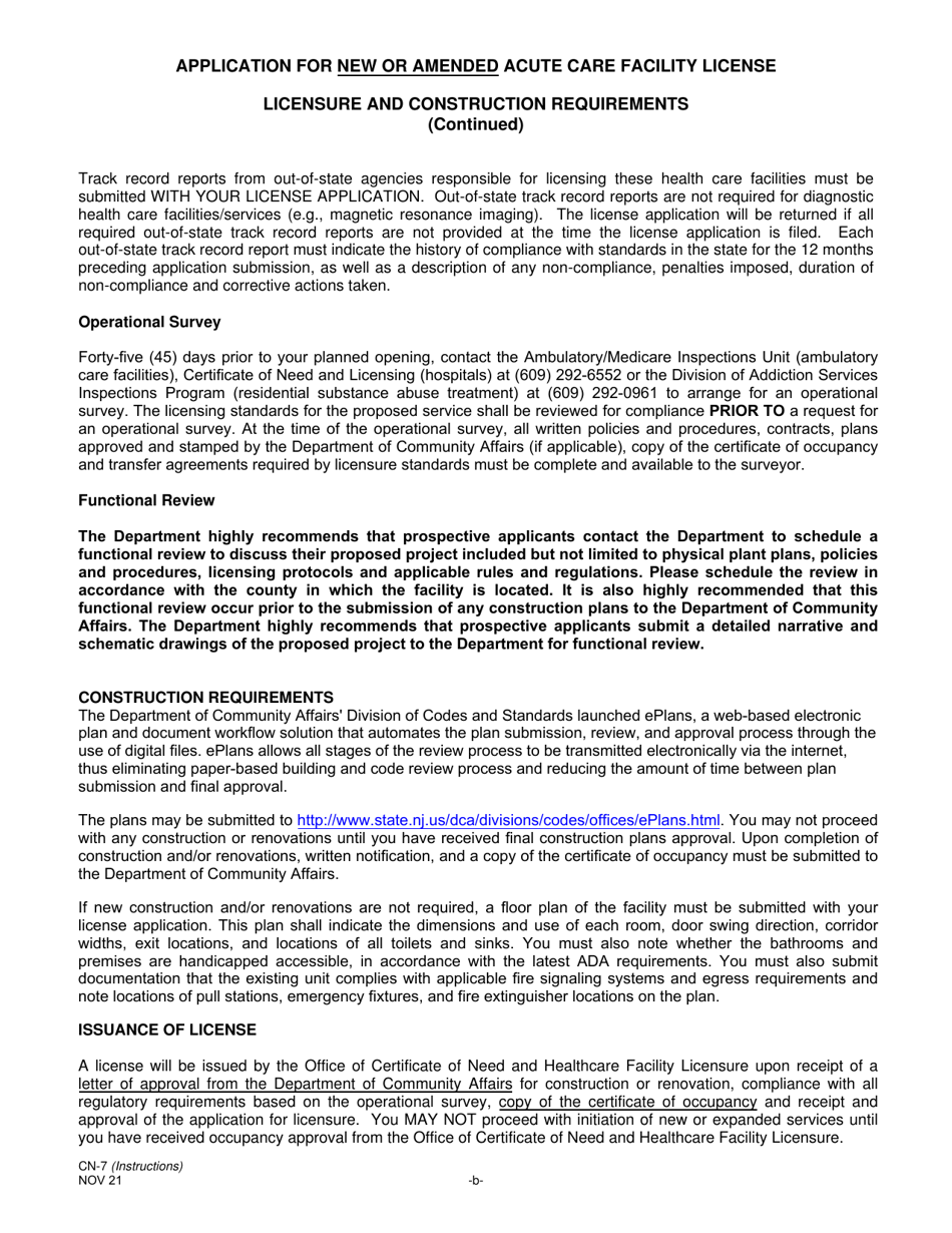 Form CN-7 Application for New or Amended Acute Care Facility License - New Jersey, Page 2