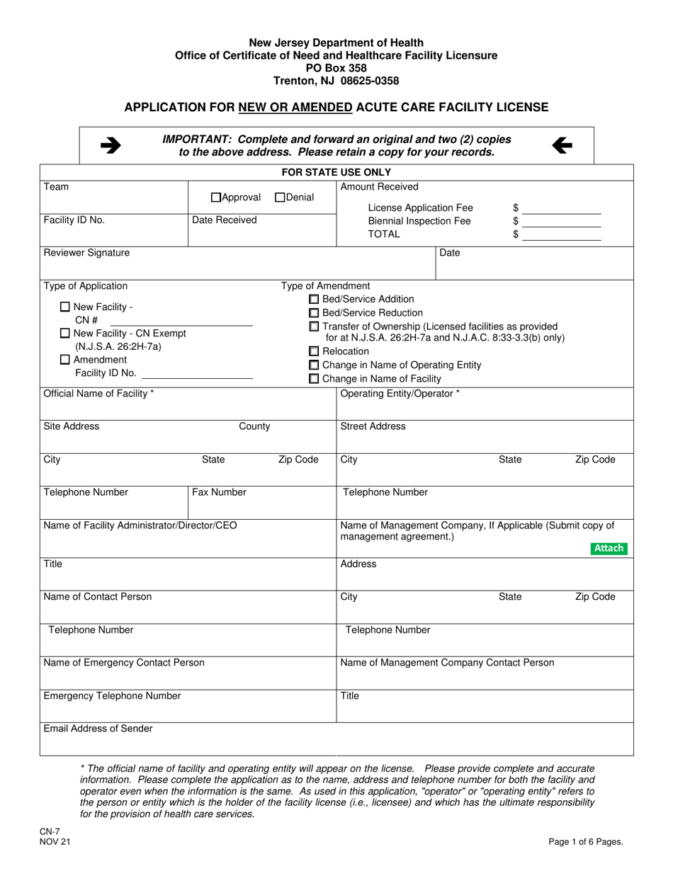 Form CN-7 Application for New or Amended Acute Care Facility License - New Jersey, Page 3