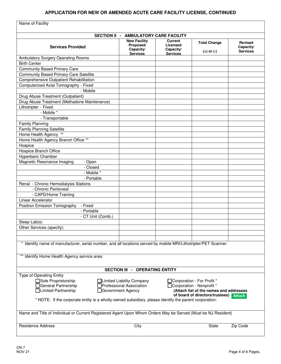 Form CN-7 Application for New or Amended Acute Care Facility License - New Jersey, Page 6