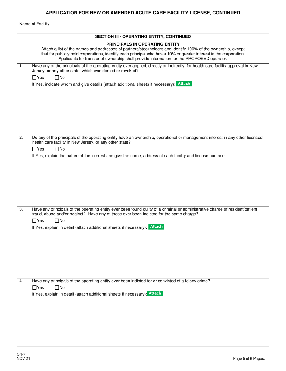 Form CN-7 Application for New or Amended Acute Care Facility License - New Jersey, Page 7