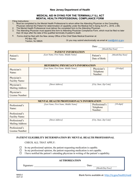 Form MAID-2 Mental Health Professional Compliance Form - New Jersey