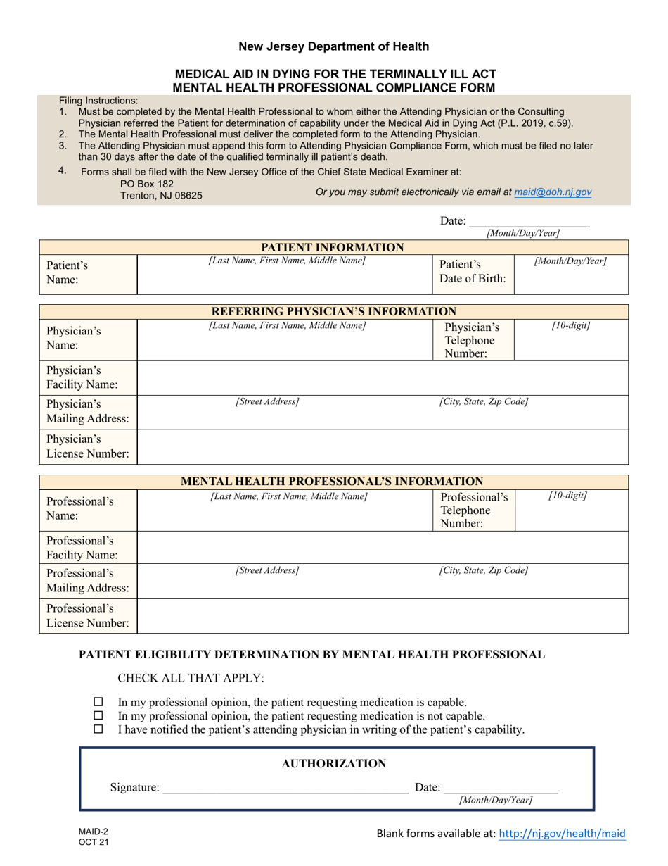 Form MAID-2 Mental Health Professional Compliance Form - New Jersey, Page 1