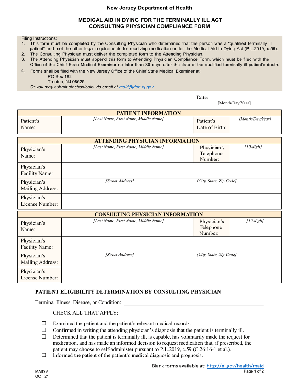 Form MAID-5 Consulting Physician Compliance Form - New Jersey, Page 1