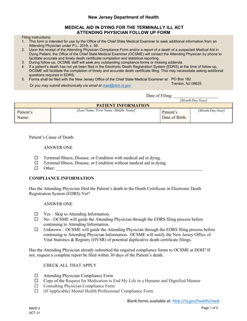 Form MAID-3 Attending Physician Follow up Form - New Jersey