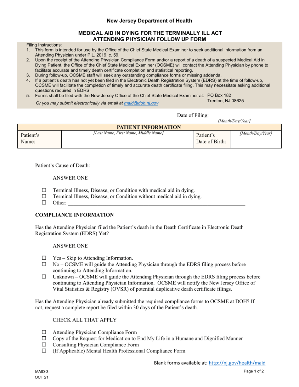 Form MAID-3 Attending Physician Follow up Form - New Jersey, Page 1