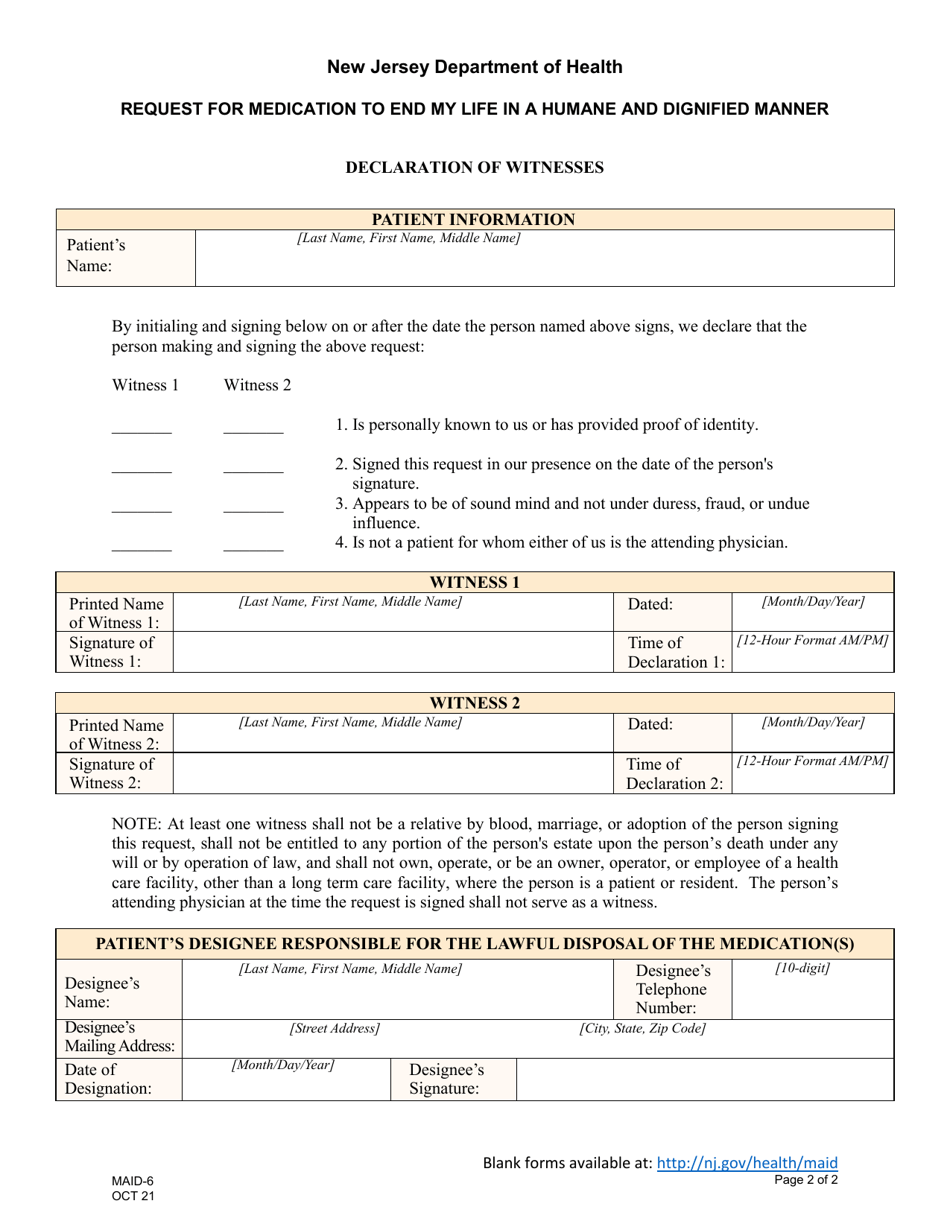 Form MAID-6 Request for Medication to End My Life in a Humane and Dignified Manner - New Jersey, Page 2