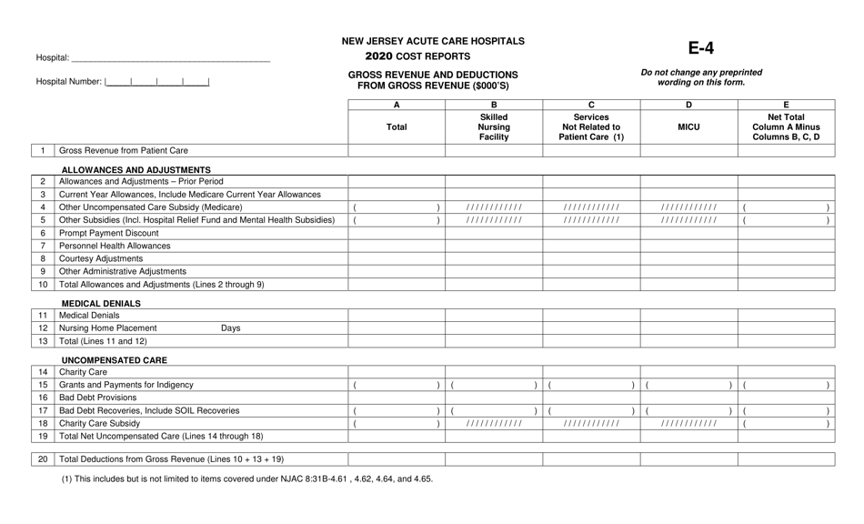 Form E-4 New Jersey Acute Care Hospitals Cost Reports - Gross Revenue and Deductions From Gross Revenue - New Jersey, Page 1