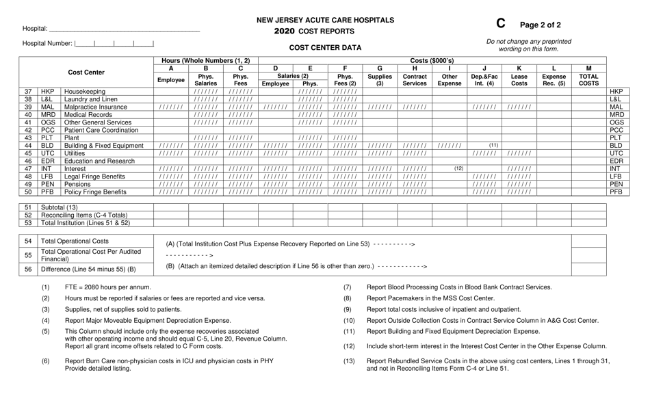 Form C New Jersey Acute Care Hospitals Cost Reports - Cost Center Data - New Jersey, Page 2