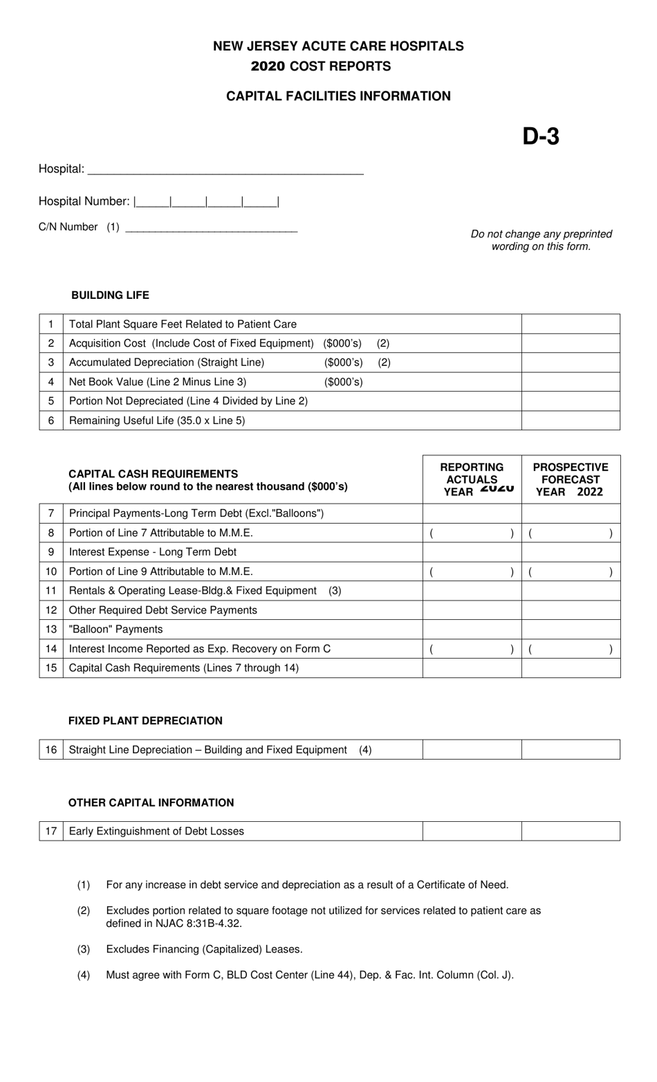 Form D-3 New Jersey Acute Care Hospitals Cost Reports - Capital Facilities Information - New Jersey, Page 1