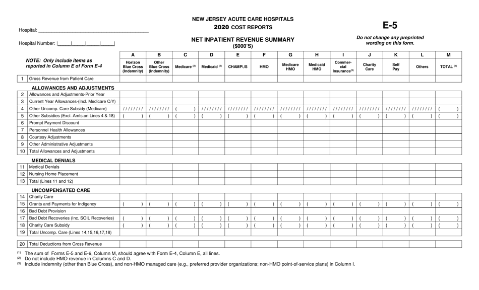 Form E-5 New Jersey Acute Care Hospitals Cost Reports - Net Inpatient Revenue Summary - New Jersey, Page 1