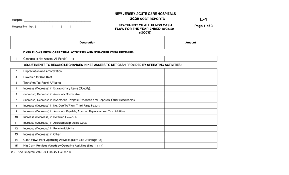Form L-4 New Jersey Acute Care Hospitals Cost Reports - Statement of All Funds Cash Flow - New Jersey, Page 1