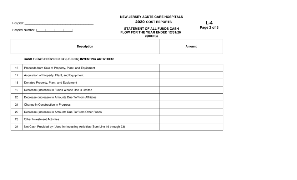Form L-4 New Jersey Acute Care Hospitals Cost Reports - Statement of All Funds Cash Flow - New Jersey, Page 2