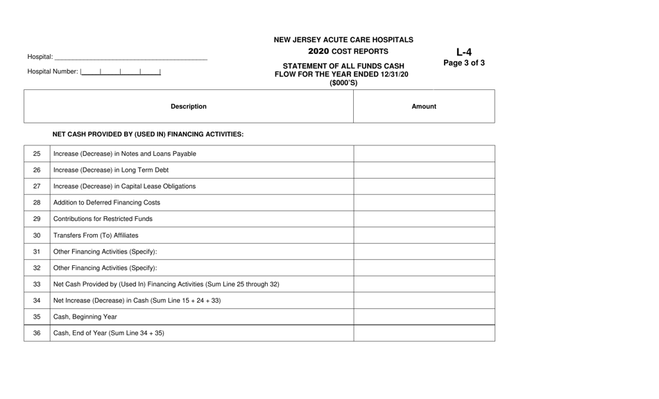 Form L-4 New Jersey Acute Care Hospitals Cost Reports - Statement of All Funds Cash Flow - New Jersey, Page 3
