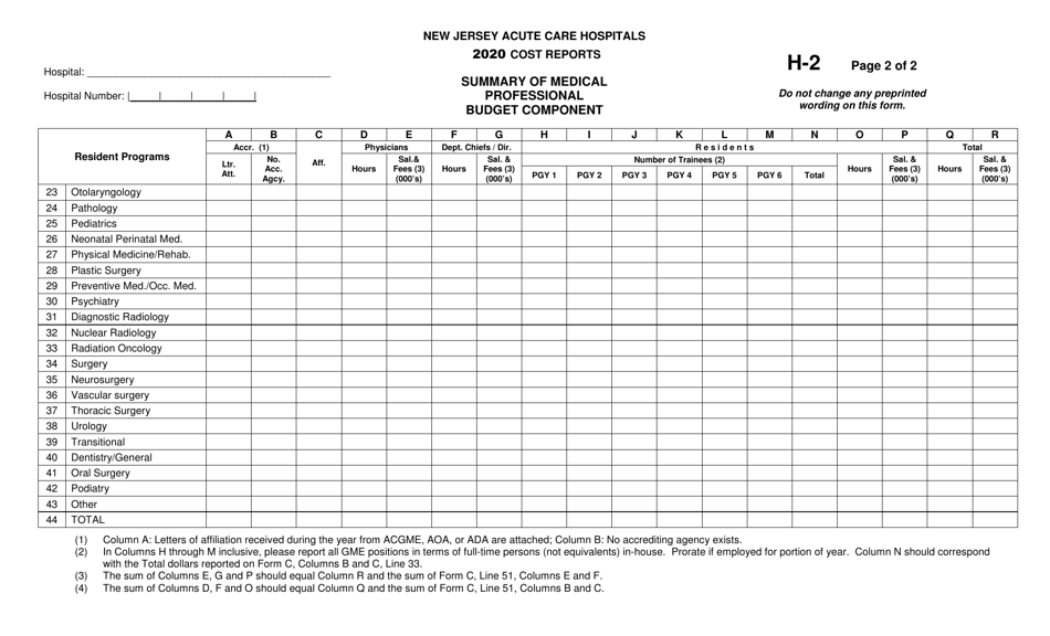Form H-2 New Jersey Acute Care Hospitals Cost Reports - Summary of Medical Professional Budget Component - New Jersey, Page 2