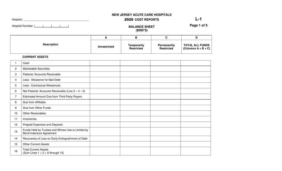 Form L-1 New Jersey Acute Care Hospitals Cost Reports - Balance Sheet - New Jersey, Page 1