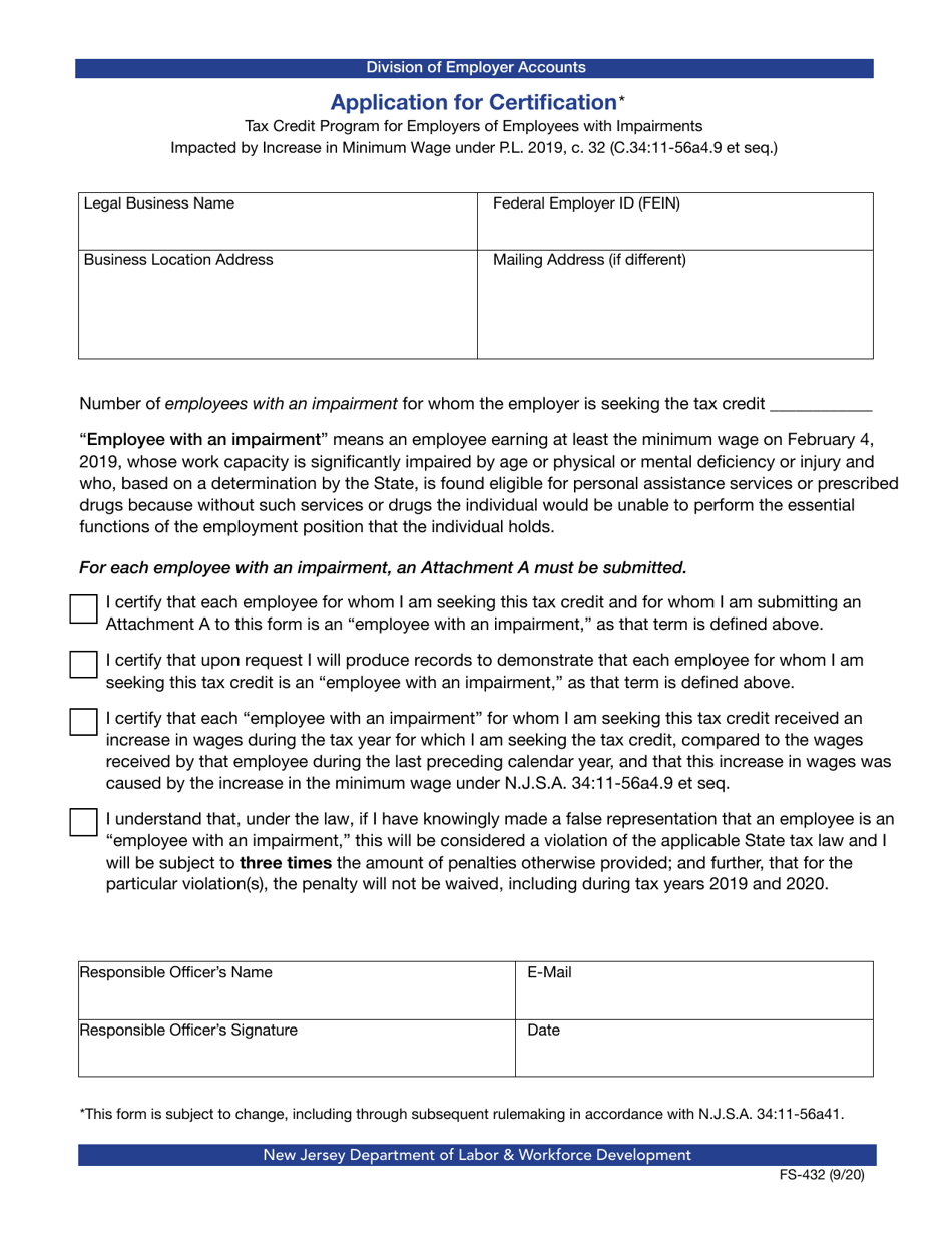 Form FS-432 Application for Certification - Tax Credit Program for Employers of Employees With Impairments - New Jersey, Page 1