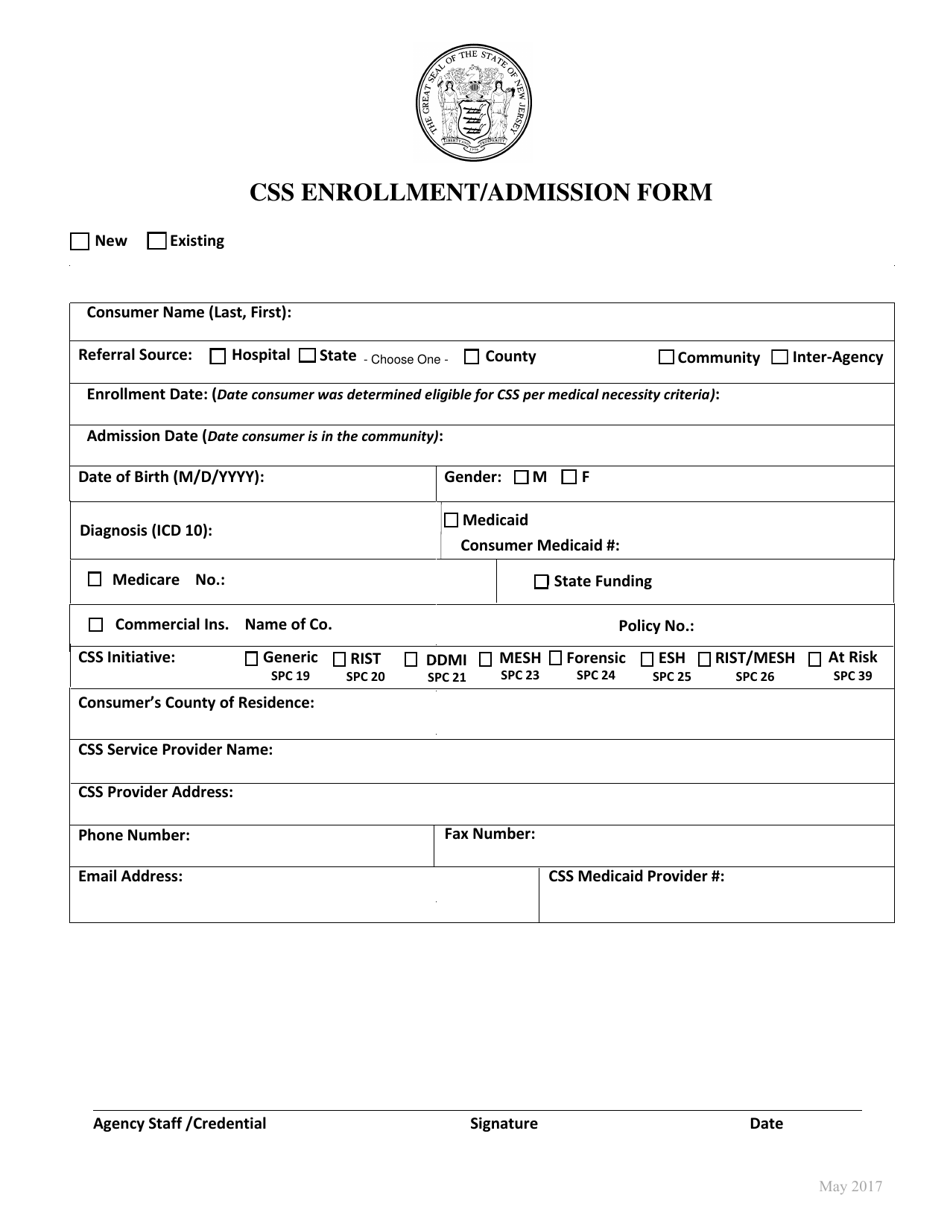 Css Enrollment / Admission Form - New Jersey, Page 1