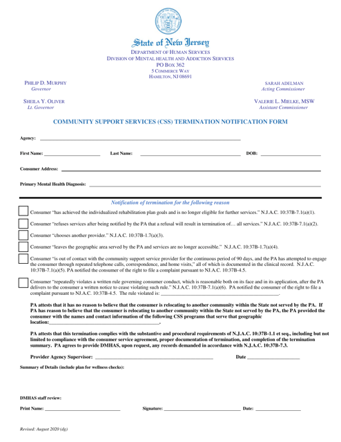 Community Support Services (Css) Termination Notification Form - New Jersey