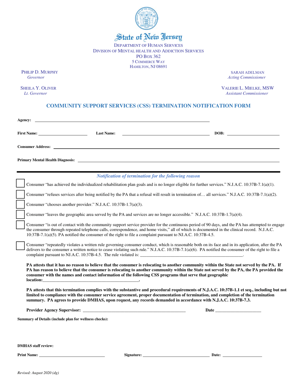 Community Support Services (Css) Termination Notification Form - New Jersey, Page 1