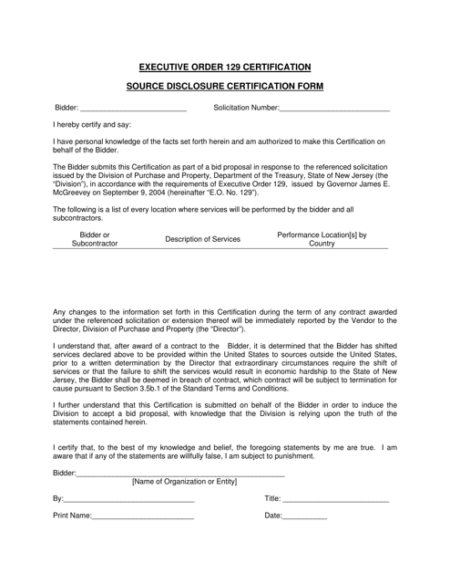 Executive Order 129 Certification: Source Disclosure Certification Form - New Jersey Download Pdf