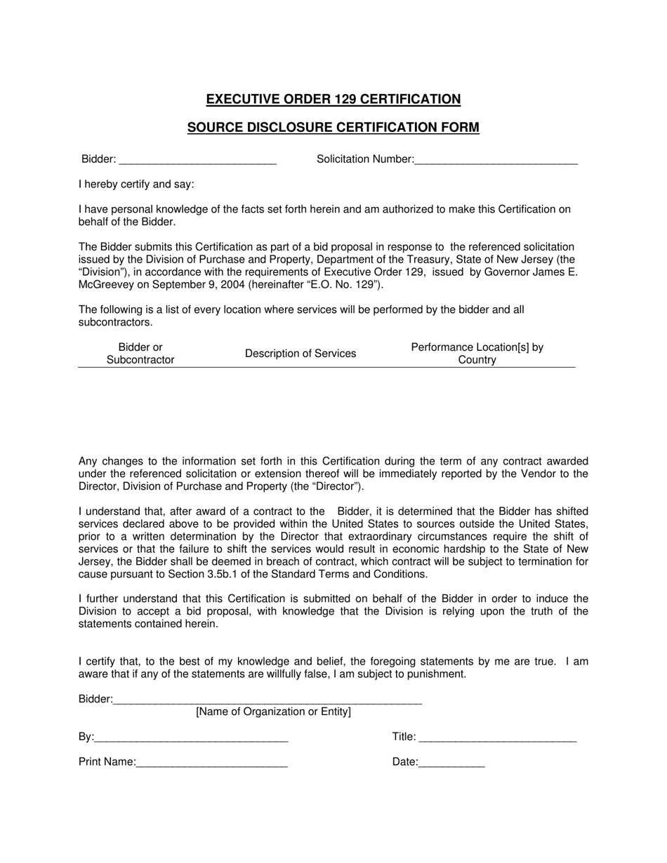 Executive Order 129 Certification: Source Disclosure Certification Form - New Jersey, Page 1