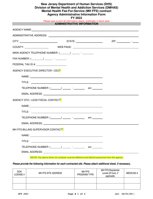 Mental Health Fee-For-Service (Mh Ffs) Contract Agency Administrative Information Form - New Jersey, 2022