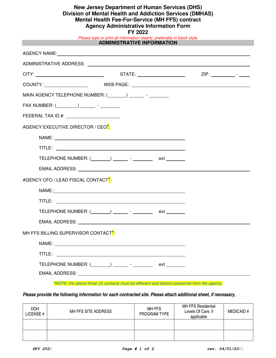 Mental Health Fee-For-Service (Mh Ffs) Contract Agency Administrative Information Form - New Jersey, Page 1