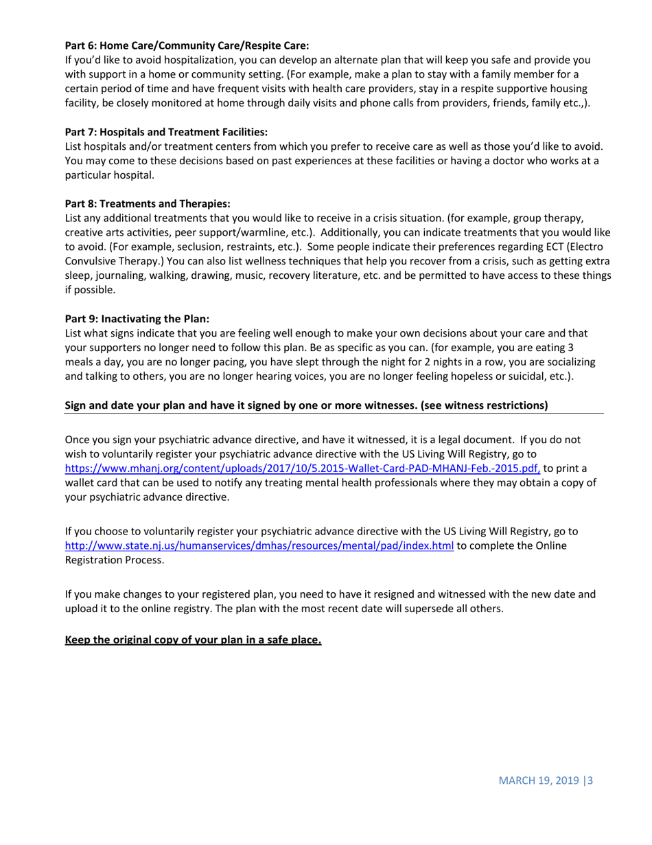 Instructions for Psychiatric Advance Directive (Pad) / Crisis Plan - New Jersey, Page 3