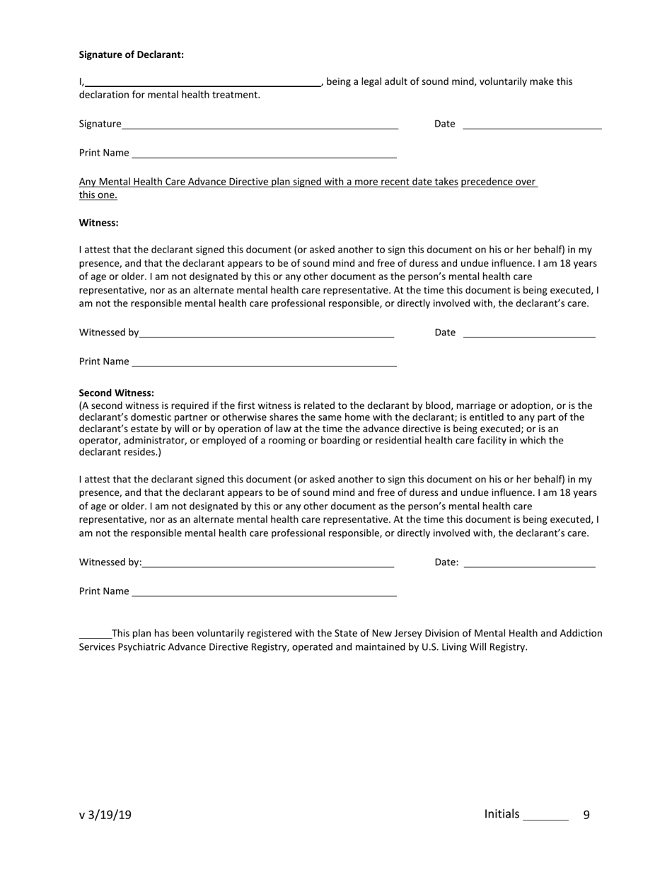 Psychiatric Advance Directive (Pad) / Crisis Plan - New Jersey, Page 9